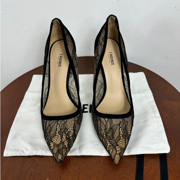 L'AGENCE Simone Lace Pumps in Black Lace/Suede Women's Size EU 39.5 - Picture 2 of 8